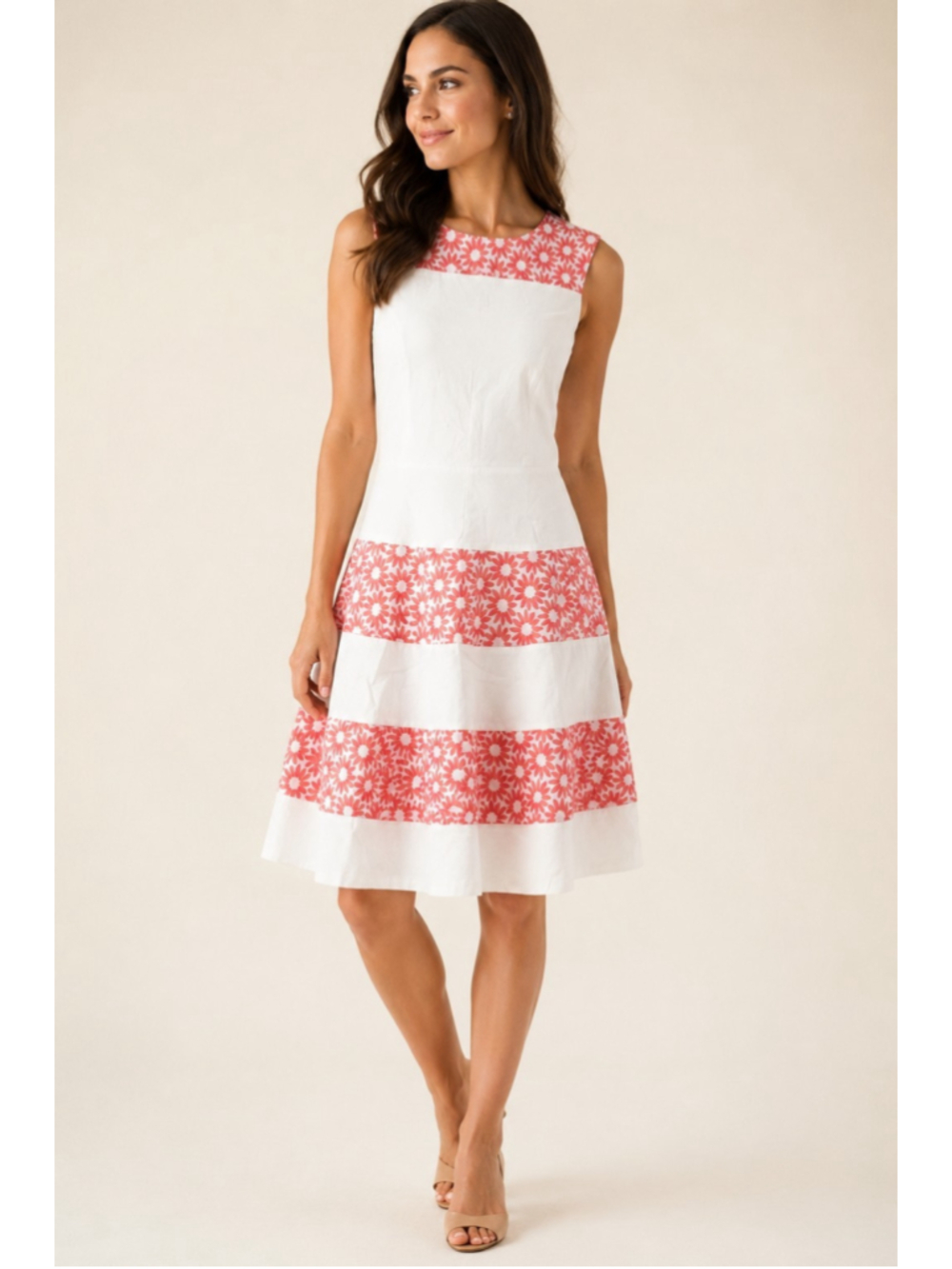 Belle Badgley Mischka 4 Coral White Floral Colorblock Sleeveless Fit Flare Dress